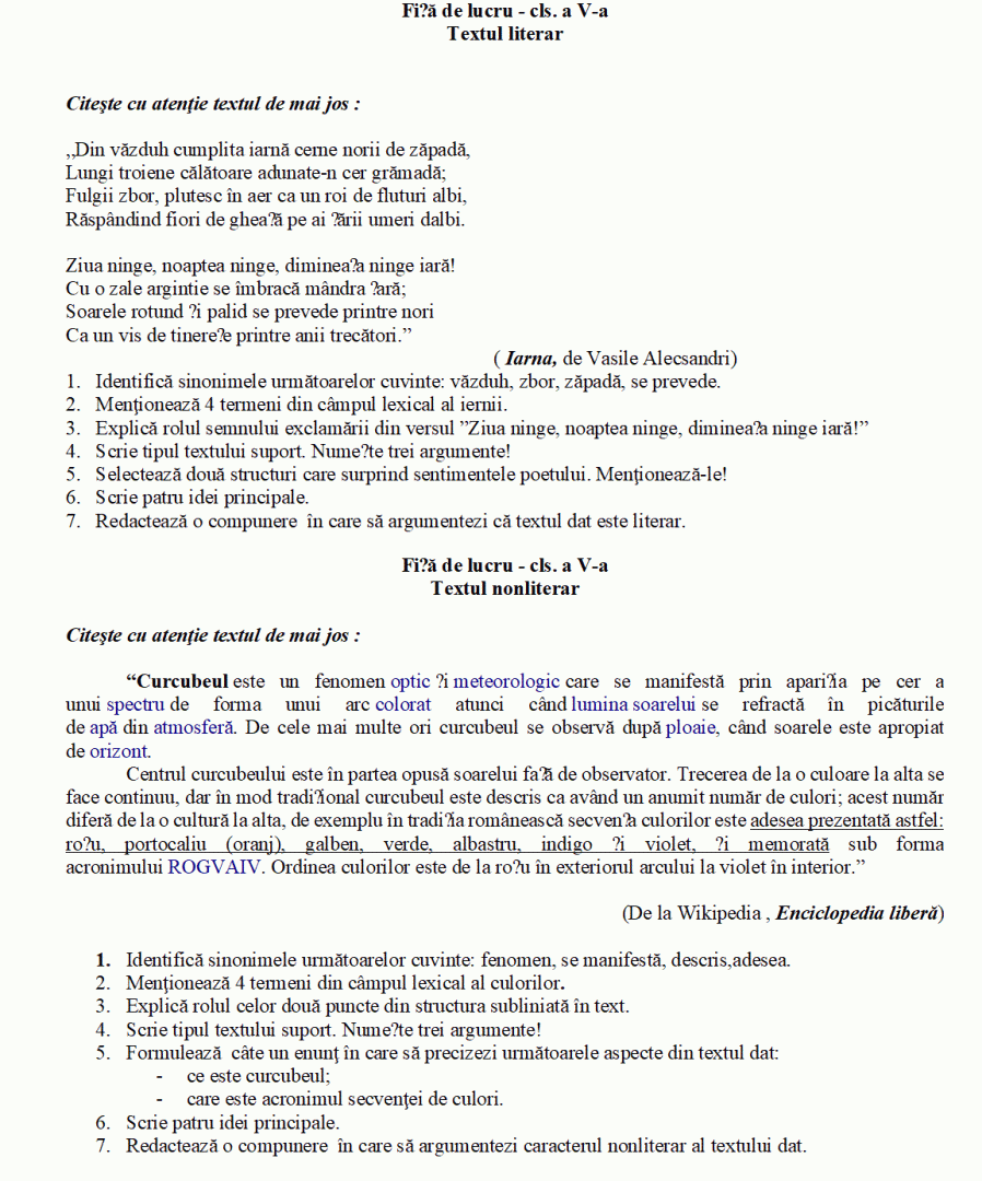 Prezenta fișă de lucru îmbină exerciții utile pentru textul literar și nonliterar.
